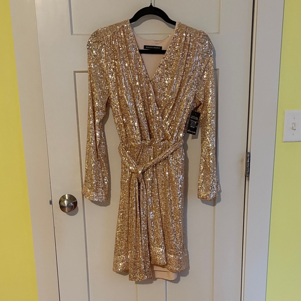 Boston Proper Shimmering Gold Long Sleeve Dress
